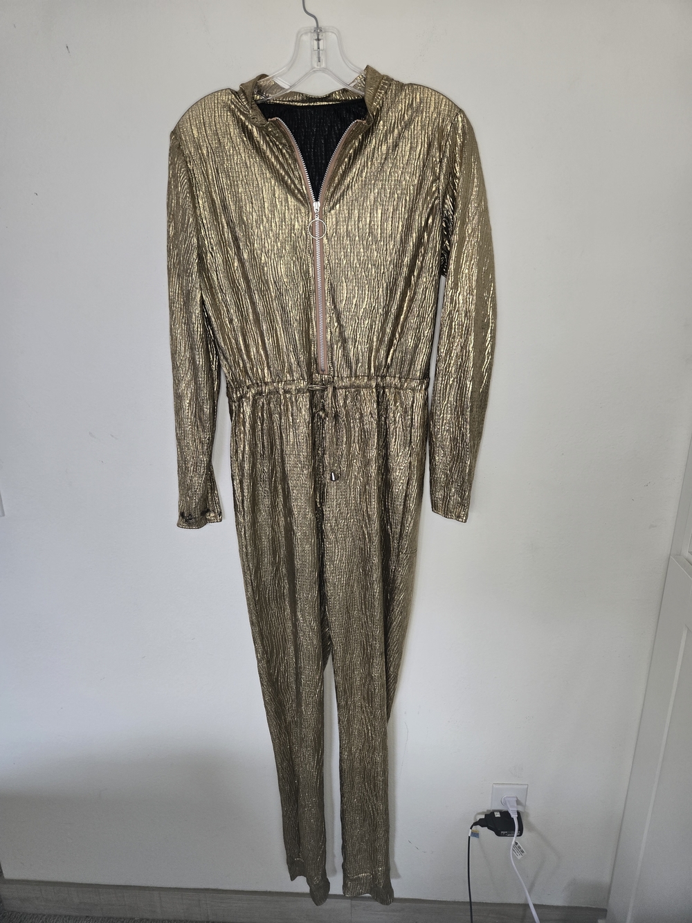 Metallic Gold Hooded Jumpsuit with Drawstring Waist | Size Large